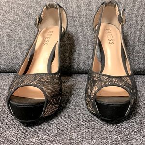 Guess Black Lace/Nude Open Toe High Heels/platform. Worn once. Non smoker.